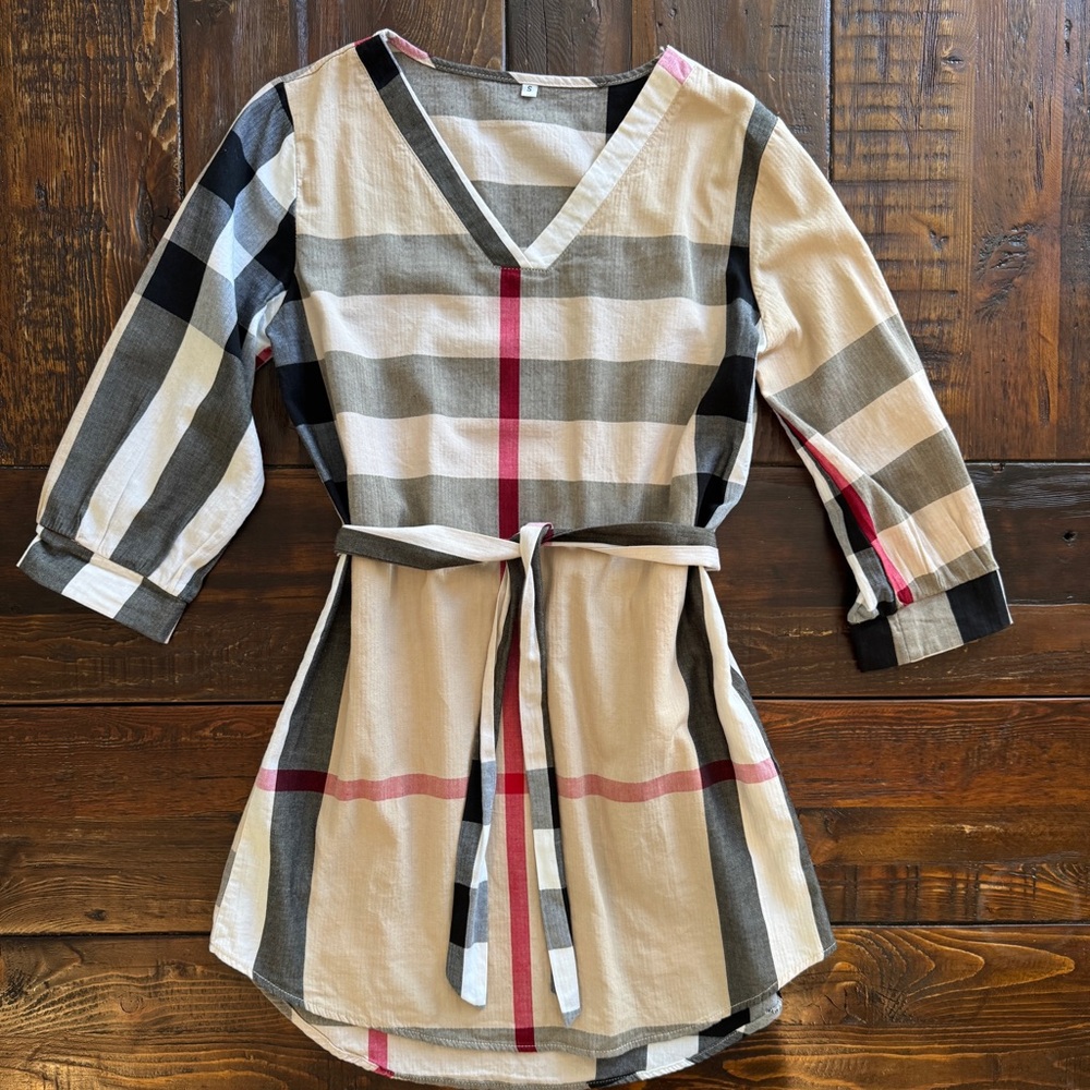 Plaid V-Neck Mini Dress - Black, Red, Cream